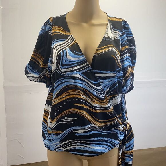 Nine West Blouse Wrap Top Silky Shirt Womens Size Large Short Sleeve Tie Waist - Picture 13 of 15